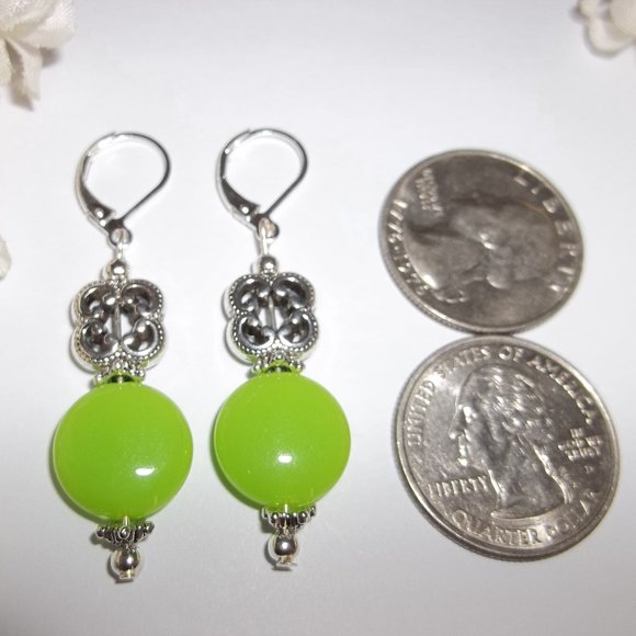 Green Earrings, Lime Green Earrings, Green Beaded Earrings, Dangle Earring, 7512 - Picture 2 of 6